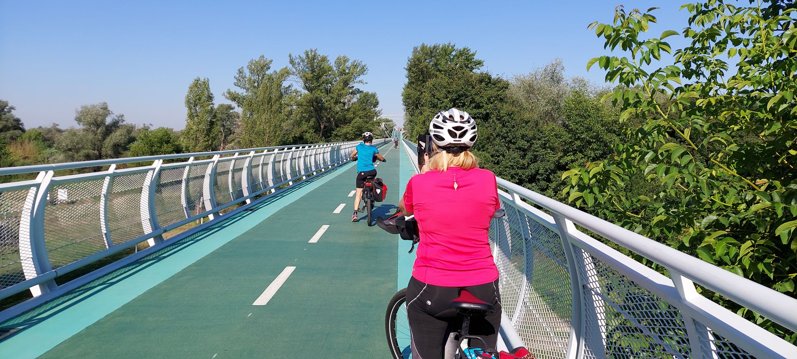 Ciclista su un ponte ciclabile che attraversa il Danubio.